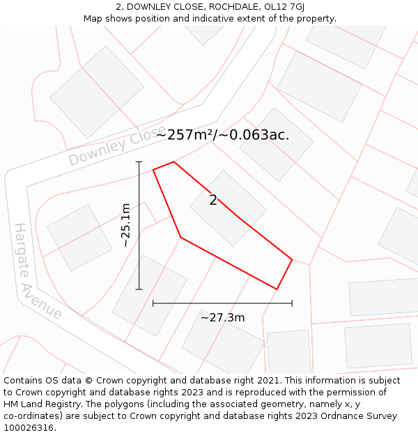 2, DOWNLEY CLOSE, ROCHDALE, OL12 7GJ: Plot and title map