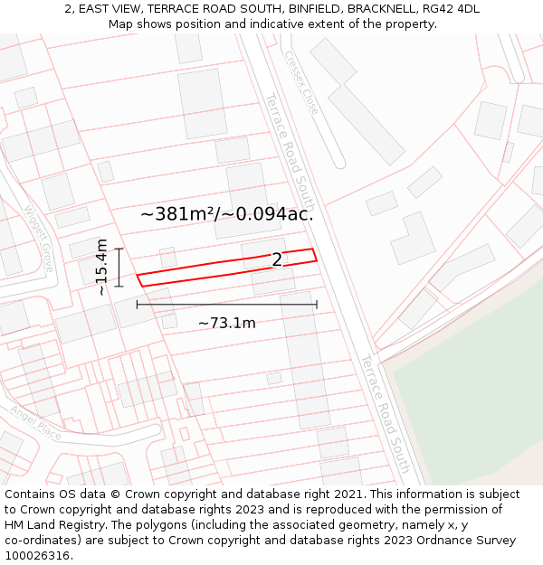 2, EAST VIEW, TERRACE ROAD SOUTH, BINFIELD, BRACKNELL, RG42 4DL: Plot and title map