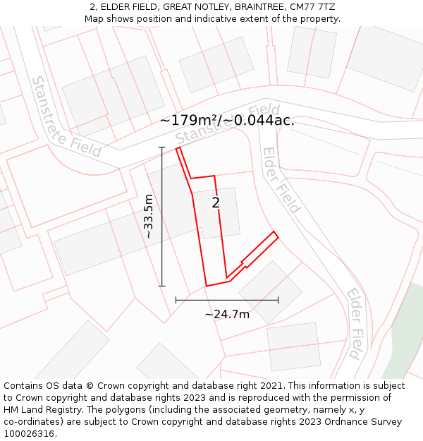 2, ELDER FIELD, GREAT NOTLEY, BRAINTREE, CM77 7TZ: Plot and title map