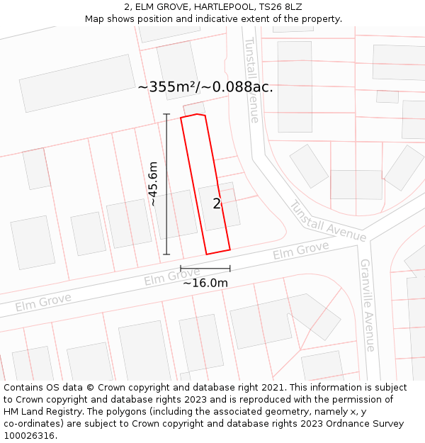 2, ELM GROVE, HARTLEPOOL, TS26 8LZ: Plot and title map