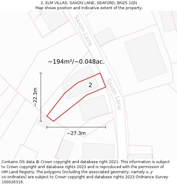 2, ELM VILLAS, SAXON LANE, SEAFORD, BN25 1QN: Plot and title map