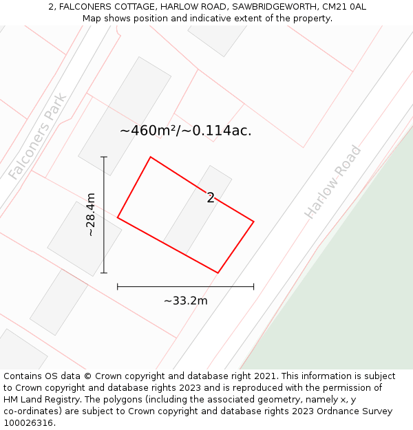 2, FALCONERS COTTAGE, HARLOW ROAD, SAWBRIDGEWORTH, CM21 0AL: Plot and title map