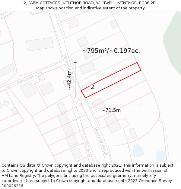 2, FARM COTTAGES, VENTNOR ROAD, WHITWELL, VENTNOR, PO38 2PU: Plot and title map