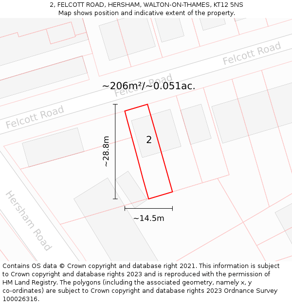 2, FELCOTT ROAD, HERSHAM, WALTON-ON-THAMES, KT12 5NS: Plot and title map