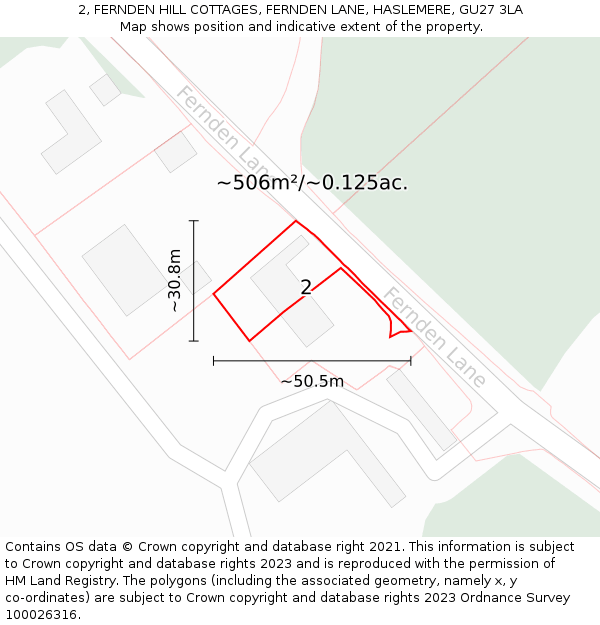 2, FERNDEN HILL COTTAGES, FERNDEN LANE, HASLEMERE, GU27 3LA: Plot and title map