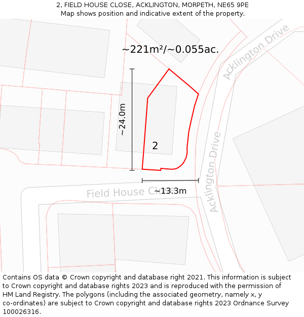 2, FIELD HOUSE CLOSE, ACKLINGTON, MORPETH, NE65 9PE: Plot and title map