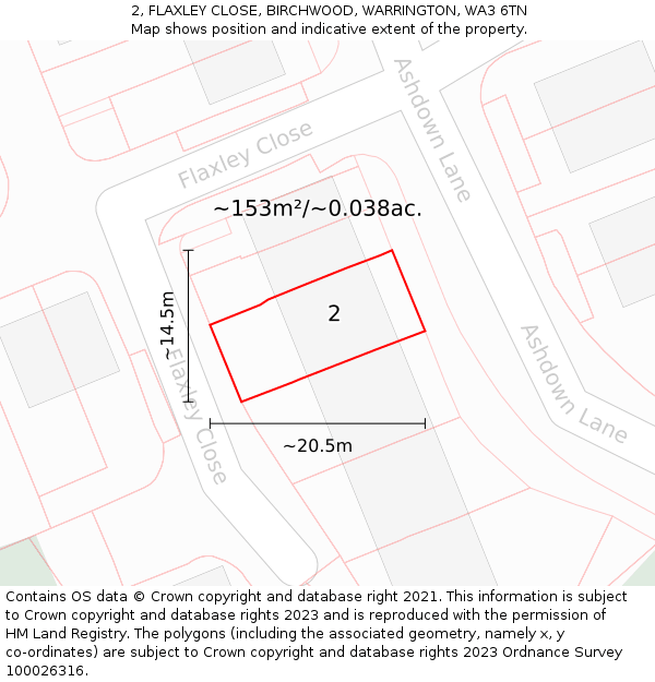 2, FLAXLEY CLOSE, BIRCHWOOD, WARRINGTON, WA3 6TN: Plot and title map