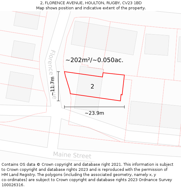 2, FLORENCE AVENUE, HOULTON, RUGBY, CV23 1BD: Plot and title map