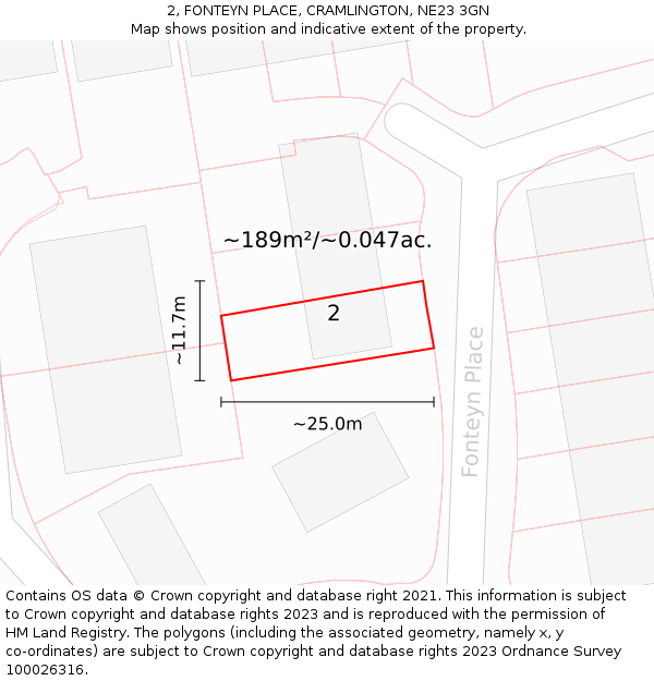 2, FONTEYN PLACE, CRAMLINGTON, NE23 3GN: Plot and title map