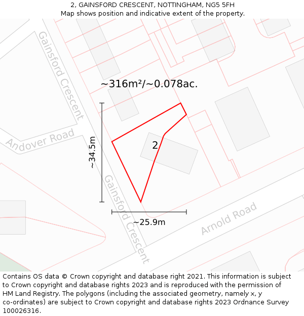 2, GAINSFORD CRESCENT, NOTTINGHAM, NG5 5FH: Plot and title map