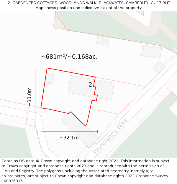 2, GARDENERS COTTAGES, WOODLANDS WALK, BLACKWATER, CAMBERLEY, GU17 9HT: Plot and title map