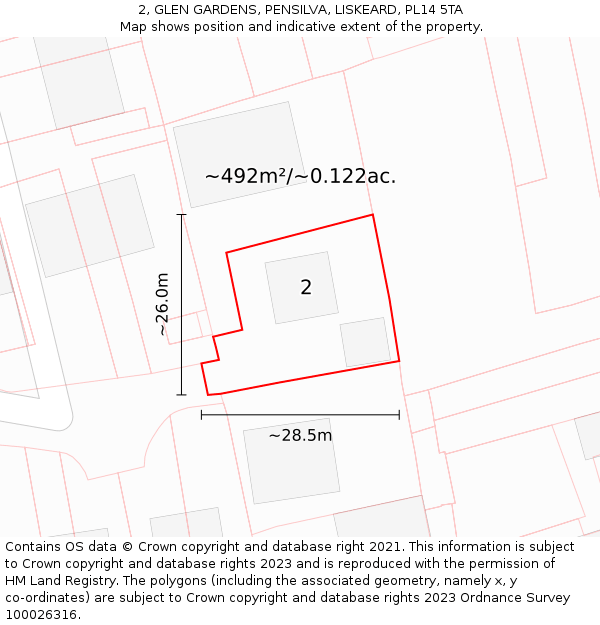 2, GLEN GARDENS, PENSILVA, LISKEARD, PL14 5TA: Plot and title map