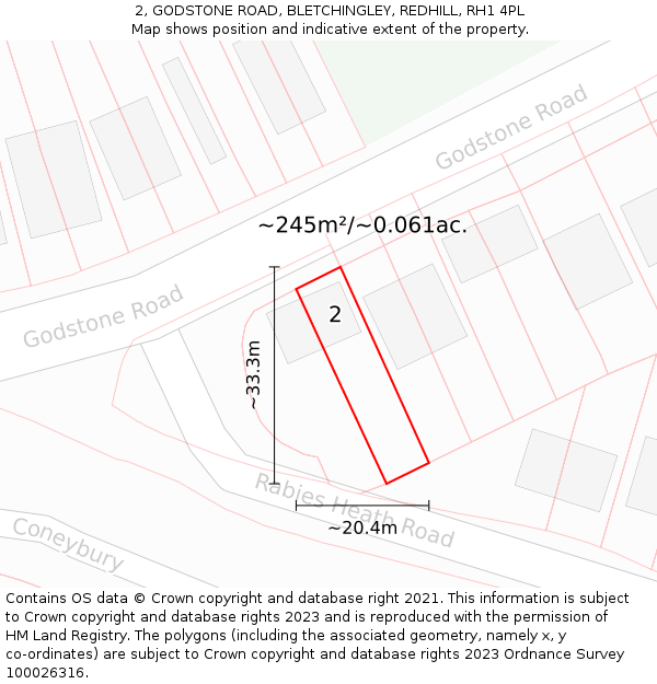 2, GODSTONE ROAD, BLETCHINGLEY, REDHILL, RH1 4PL: Plot and title map