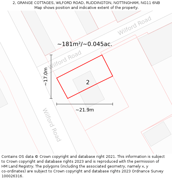 2, GRANGE COTTAGES, WILFORD ROAD, RUDDINGTON, NOTTINGHAM, NG11 6NB: Plot and title map