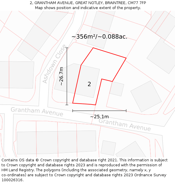 2, GRANTHAM AVENUE, GREAT NOTLEY, BRAINTREE, CM77 7FP: Plot and title map