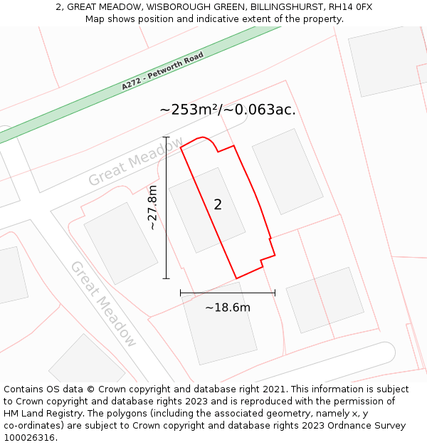 2, GREAT MEADOW, WISBOROUGH GREEN, BILLINGSHURST, RH14 0FX: Plot and title map