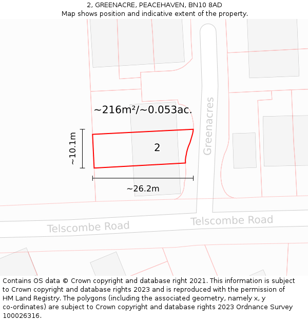 2, GREENACRE, PEACEHAVEN, BN10 8AD: Plot and title map