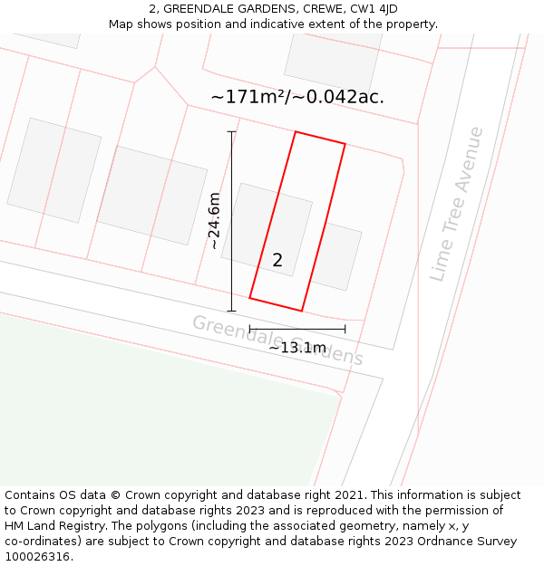 2, GREENDALE GARDENS, CREWE, CW1 4JD: Plot and title map