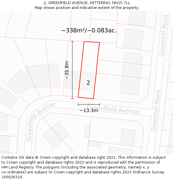 2, GREENFIELD AVENUE, KETTERING, NN15 7LL: Plot and title map