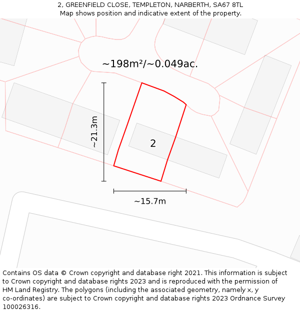 2, GREENFIELD CLOSE, TEMPLETON, NARBERTH, SA67 8TL: Plot and title map