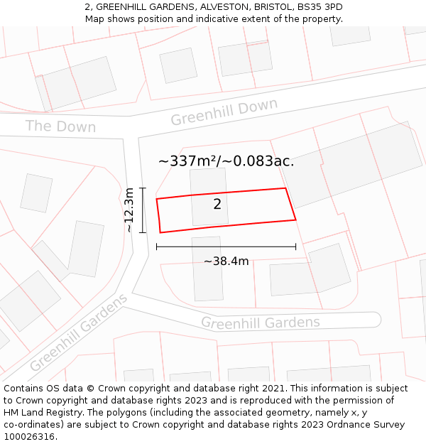 2, GREENHILL GARDENS, ALVESTON, BRISTOL, BS35 3PD: Plot and title map