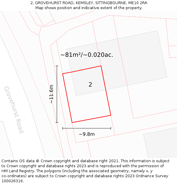 2, GROVEHURST ROAD, KEMSLEY, SITTINGBOURNE, ME10 2RA: Plot and title map