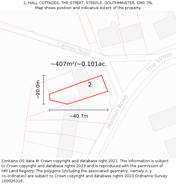 2, HALL COTTAGES, THE STREET, STEEPLE, SOUTHMINSTER, CM0 7RL: Plot and title map