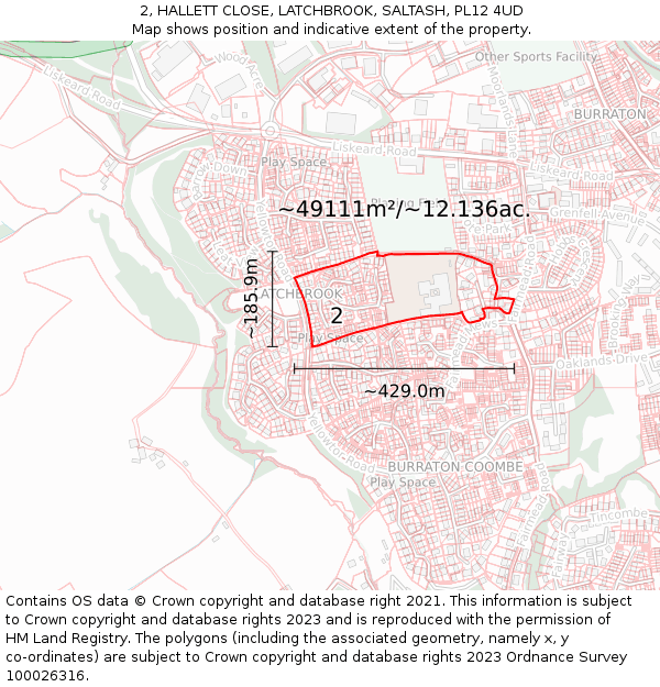 2, HALLETT CLOSE, LATCHBROOK, SALTASH, PL12 4UD: Plot and title map