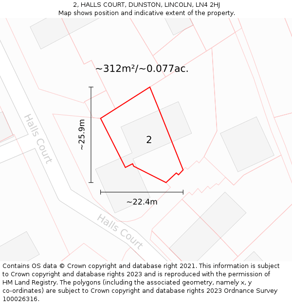 2, HALLS COURT, DUNSTON, LINCOLN, LN4 2HJ: Plot and title map