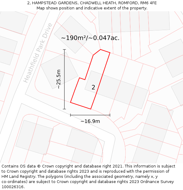 2, HAMPSTEAD GARDENS, CHADWELL HEATH, ROMFORD, RM6 4FE: Plot and title map