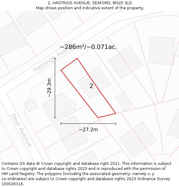 2, HASTINGS AVENUE, SEAFORD, BN25 3LD: Plot and title map