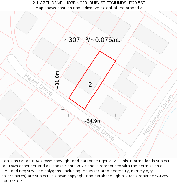 2, HAZEL DRIVE, HORRINGER, BURY ST EDMUNDS, IP29 5ST: Plot and title map