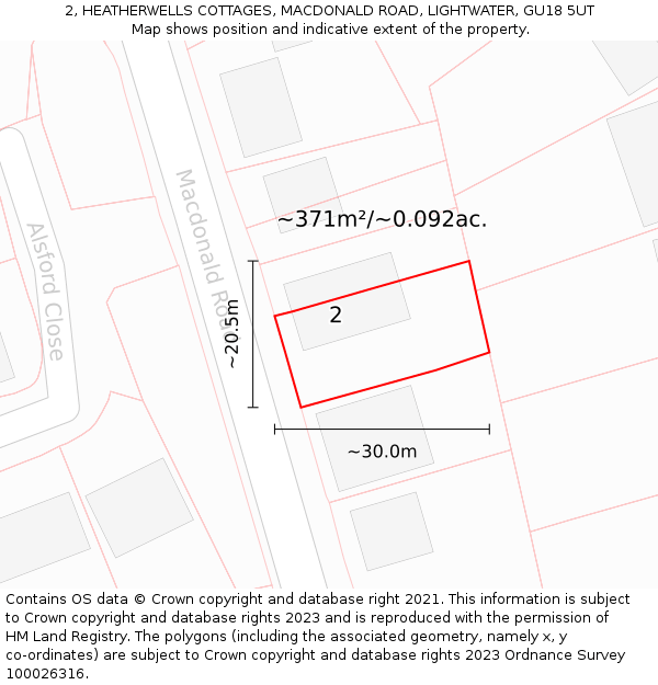 2, HEATHERWELLS COTTAGES, MACDONALD ROAD, LIGHTWATER, GU18 5UT: Plot and title map