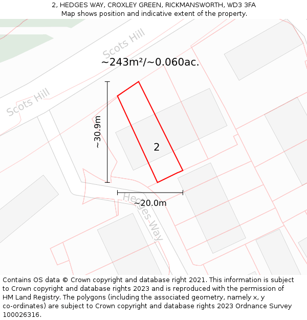 2, HEDGES WAY, CROXLEY GREEN, RICKMANSWORTH, WD3 3FA: Plot and title map