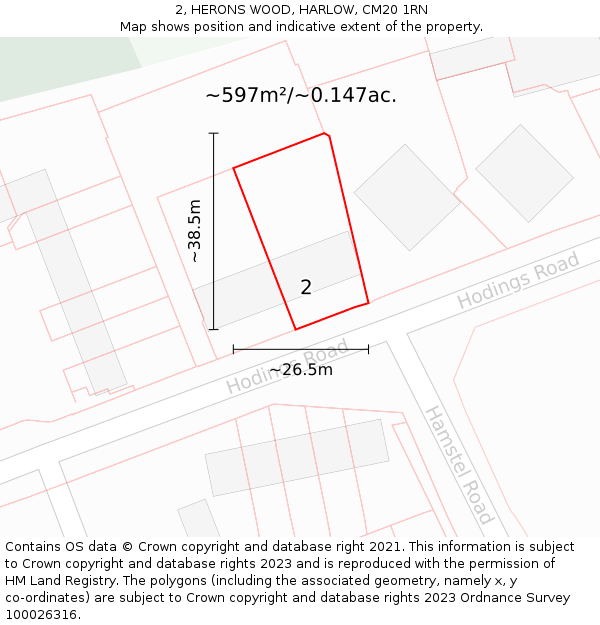 2, HERONS WOOD, HARLOW, CM20 1RN: Plot and title map