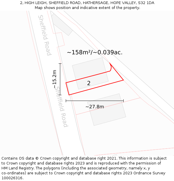 2, HIGH LEIGH, SHEFFIELD ROAD, HATHERSAGE, HOPE VALLEY, S32 1DA: Plot and title map