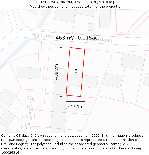 2, HIGH ROAD, BROOM, BIGGLESWADE, SG18 9NJ: Plot and title map