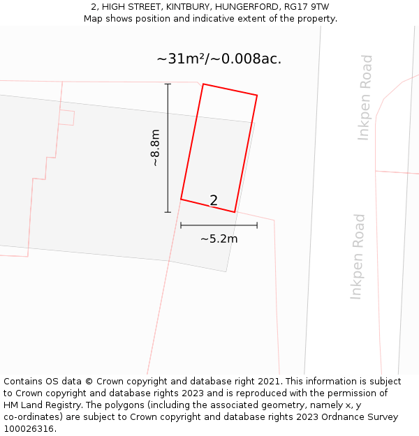 2, HIGH STREET, KINTBURY, HUNGERFORD, RG17 9TW: Plot and title map