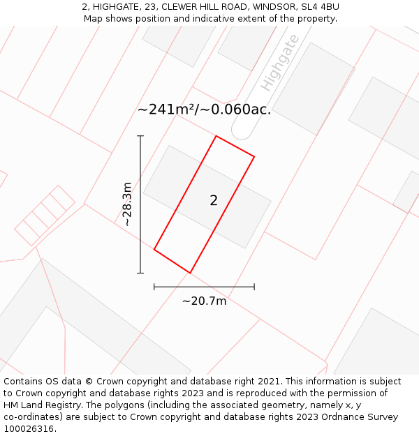 2, HIGHGATE, 23, CLEWER HILL ROAD, WINDSOR, SL4 4BU: Plot and title map