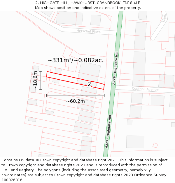 2, HIGHGATE HILL, HAWKHURST, CRANBROOK, TN18 4LB: Plot and title map