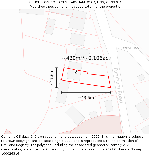 2, HIGHWAYS COTTAGES, FARNHAM ROAD, LISS, GU33 6JD: Plot and title map