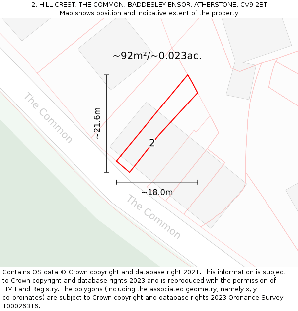 2, HILL CREST, THE COMMON, BADDESLEY ENSOR, ATHERSTONE, CV9 2BT: Plot and title map