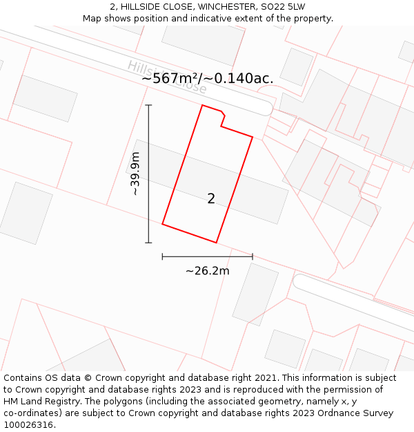 2, HILLSIDE CLOSE, WINCHESTER, SO22 5LW: Plot and title map