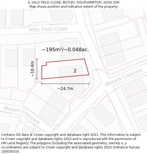 2, HILLY FIELD CLOSE, BOTLEY, SOUTHAMPTON, SO32 2GR: Plot and title map