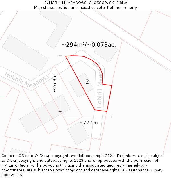 2, HOB HILL MEADOWS, GLOSSOP, SK13 8LW: Plot and title map