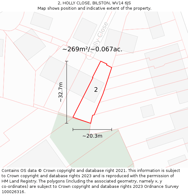 2, HOLLY CLOSE, BILSTON, WV14 6JS: Plot and title map