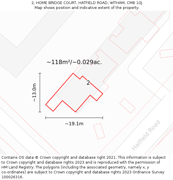 2, HOME BRIDGE COURT, HATFIELD ROAD, WITHAM, CM8 1GJ: Plot and title map