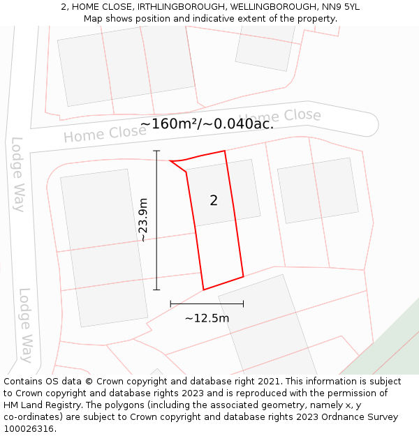 2, HOME CLOSE, IRTHLINGBOROUGH, WELLINGBOROUGH, NN9 5YL: Plot and title map