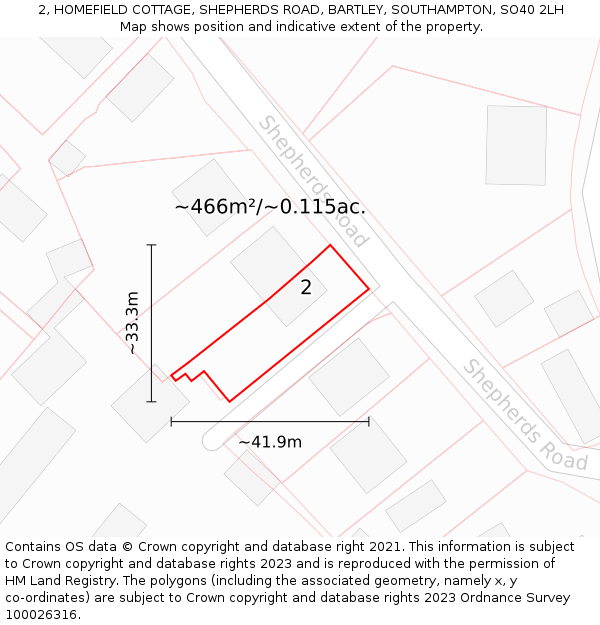 2, HOMEFIELD COTTAGE, SHEPHERDS ROAD, BARTLEY, SOUTHAMPTON, SO40 2LH: Plot and title map