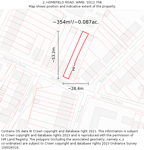 2, HOMEFIELD ROAD, WARE, SG12 7NE: Plot and title map